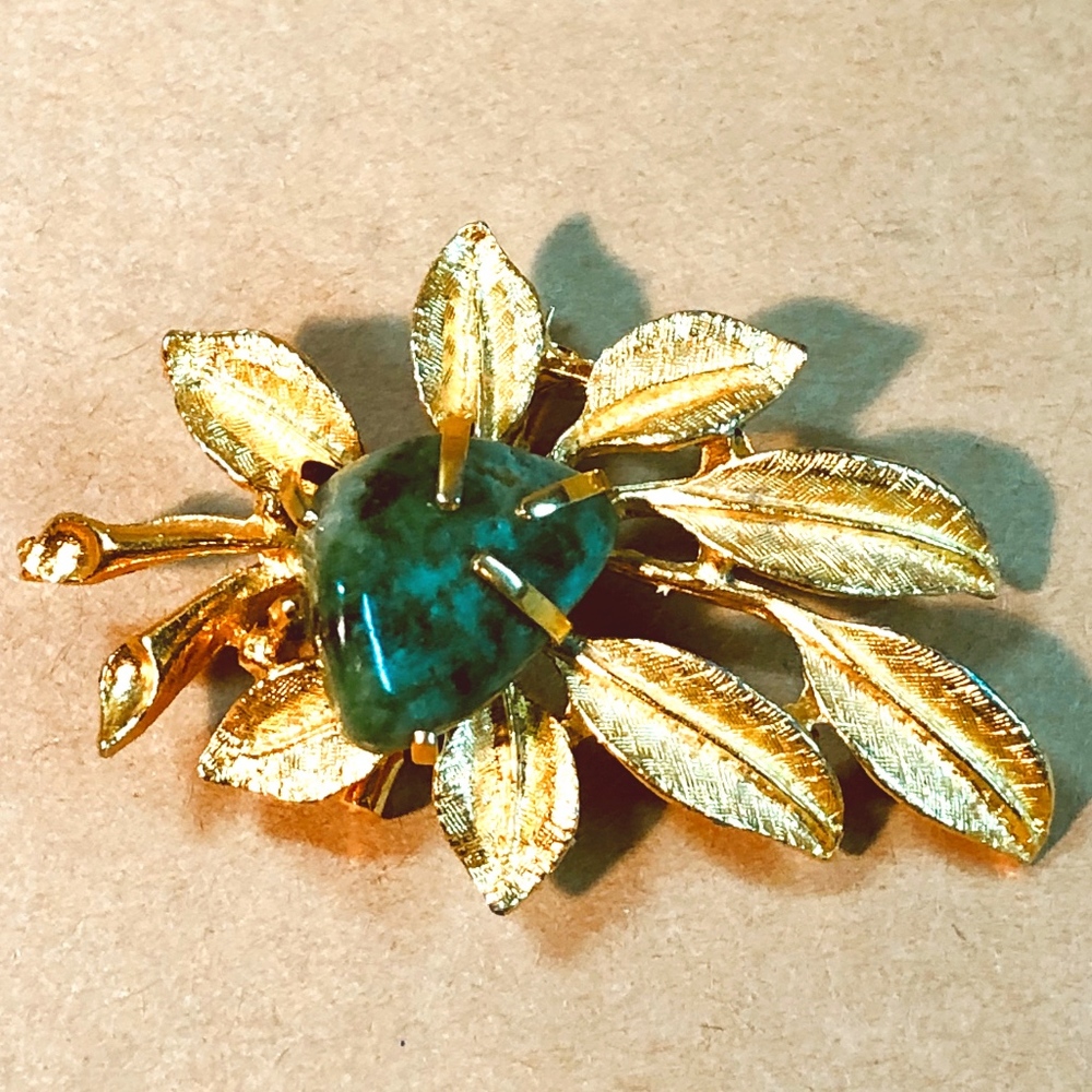 SIGNED BSK Gold Leaf Brooch w/ Natural Green Stone